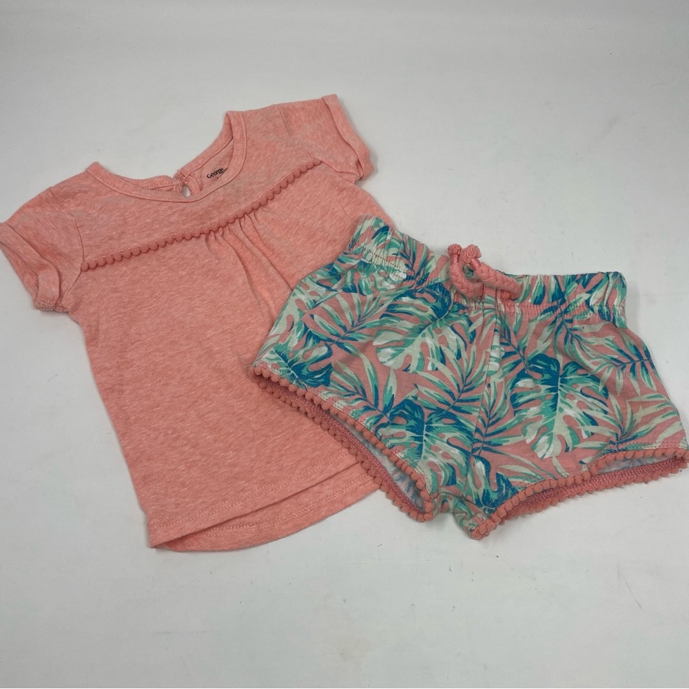 Baby 2pc Coral Tee Shirt Blue Green Palm Print Pompom Shorts Size 3-6m
